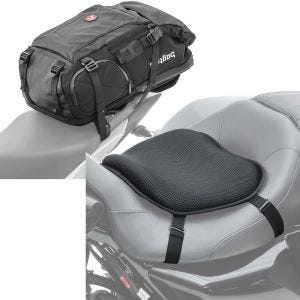 Set: Motorrad Rucksack HX5 wasserdicht 45Ltr mit Helmhalterung Bagtecs mit Gel Sitzkissen L Komfortkissen univ. sw