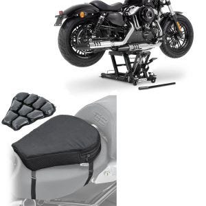 Set: elevateur ciseaux Mid-lift L 680kg noir ConStands avec Moto Coussin d'air Air M Coussin de Selle confort noir