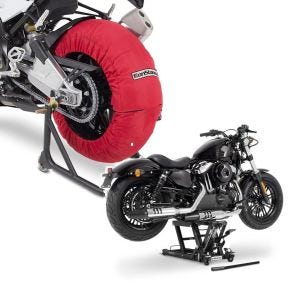 Set: Motorrad Reifenwärmer Laguna Seca 60-80°C 17" rot ConStands mit Hebebühne Mid-lift L bis 680 kg sw