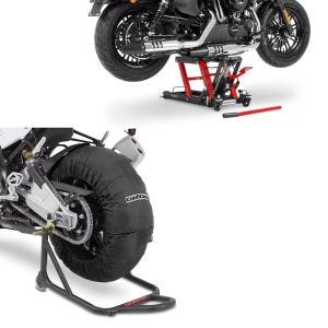 Set: Motorrad Reifenwärmer Laguna Seca 60-80°C 17" sw ConStands mit Hebebühne Mid-lift L bis 680 kg rot