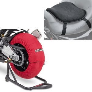 Set: Motorrad Reifenwärmer Set Laguna Seca 60-80°C 17 Zoll in rot ConStands mit Gel Sitzkissen L univ. sw