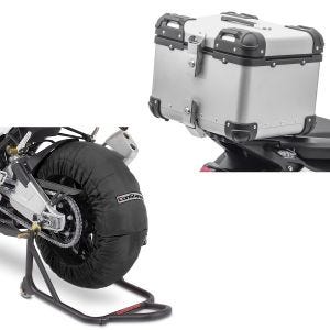 Set: Motorrad Reifenwärmer Set Billown 60-80-95 °C 17 Zoll sw ConStands mit Alu Top Case XS45 Alu univ. 45 Liter silber