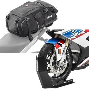 Set: Motorrad Rucksack HX5 wasserdicht 45Ltr mit Helmhalterung Bagtecs mit Transportständer Easy-Fix bis 21 Zoll sw-matt