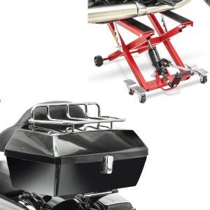 Set: Topcase mit Gepäckgrill Missouri 43Ltr passend für Chopper sw Craftride mit Hebebühne Mid-lift XL bis 500kg rot
