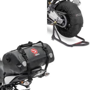 Set: Motorrad Reifenwärmer Set Laguna Seca 60-80°C 17 Zoll sw ConStands mit Hecktasche Drybag XF30 wd. Volumen 30l