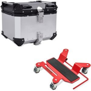 Set: Motorrad Alu Topcase XB45 Alu univ. 45L silber Bagtecs mit Rangierhilfe für Hauptständer Easy Mover I bis 300kg rot