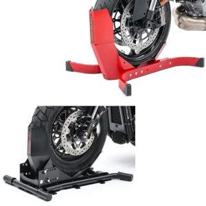 Set: Cale de roue moto Easy Vario Béquille Avant Arière ajustable noir ConStands avec Bloque Roue Easy-Plus à 21" rouge
