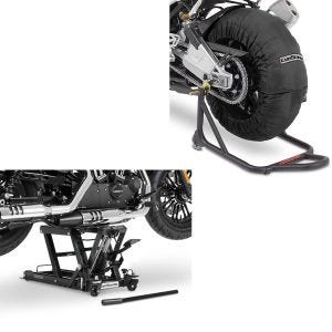 Set: Motorrad Reifenwärmer Laguna Seca 60-80°C 17" sw ConStands mit Hebebühne Mid-lift L bis 680 kg sw