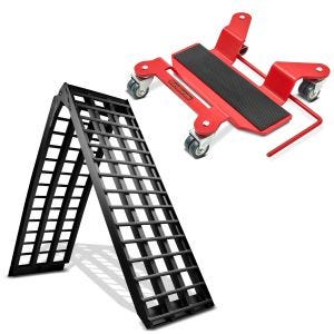 Set: Rampe chargement nr Alu max. 680kg pli. pour Moto ConStands avec Chariot de déplacement pour béquille central rouge