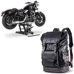 Set: elevateur ciseaux Mid-lift L compatible avec Harley et Chopper 680kg noir ConStands avec Sac à dos moto RL3 Vintage 24Ltr noir