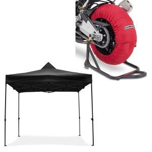 Set: Motorrad Reifenwärmer Set Laguna Seca 60-80°C 17 Zoll in rot ConStands mit Rennzelt 3x3m faltbar sw