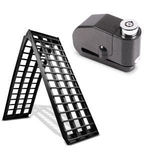 Set: Rampe de Chargement V noir en Alu max. 680 kg pli. pour Moto ConStands avec Antivol bloque disque Alarme 120dB noir