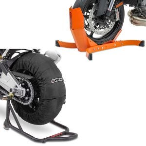 Set: Moto Couvertures Chauffantes Laguna Seca 60-80°C 17" noir ConStands avec Bloque Roue Easy-Plus à 21" orange
