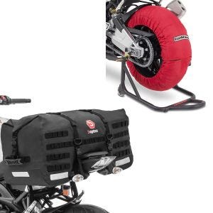 Set: Motorrad Reifenwärmer Set Laguna Seca 60-80°C 17 Zoll in rot ConStands mit Hecktasche SX70 70Ltr wd. sw