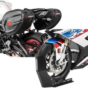 Set: Seitentaschen CRB 40-60 Liter Volumen Motorrad Softshell Bagtecs mit Transportständer Easy-Fix bis 21 Zoll sw-matt