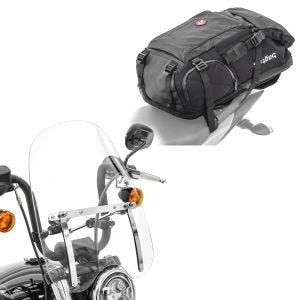 Set: Motorrad Rucksack HX5 wd. 45Ltr mit Helmhalterung Bagtecs mit Windschild CW1 passend für Retro Bikes klar