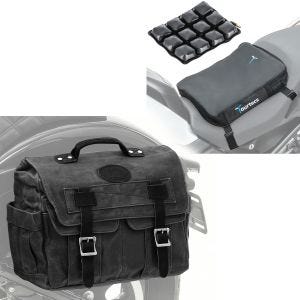 Set: Motorrad Satteltasche Canvas mit Innentasche CV1 sw Craftride mit Luftkissen Air Deluxe S Komfort Sitzkissen sw