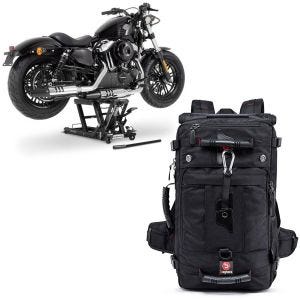 Set: elevateur ciseaux Mid-lift L 680kg noir ConStands avec Sac à dos moto HK4 Sacoche de selle arrière 45Ltr noir