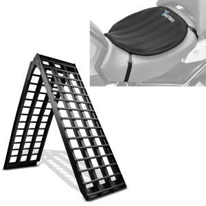 Set: Rampe de Chargement V noir en Alu max. 680 kg pli. pour Moto ConStands avec Gel Coussin de selle Néoprène L noir