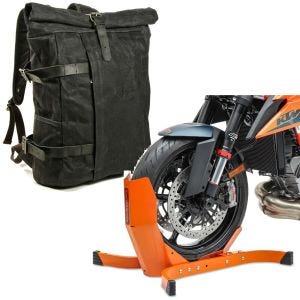 Set: Sac à dos moto Canvas VR2 Vintage 20Ltr Retro noir Craftride avec Bloque Roue Easy-Plus à 21 Pouces orange
