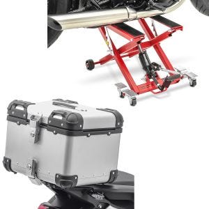 Set: Motorrad Alu Top Case XS45 Alu univ. 45L silber Bagtecs mit Hebebühne Mid-lift XL Motorradheber bis 500kg in rot