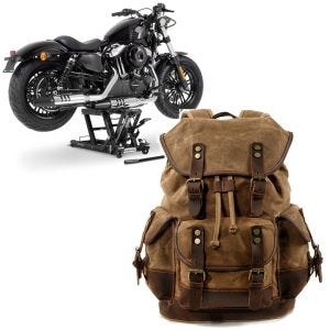 Set: elevateur ciseaux Mid-lift L 680kg noir ConStands avec Sac à dos moto Canvas RG8 Vintage 20Ltr marron