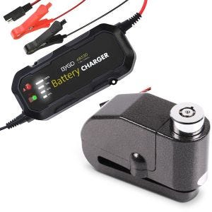 Set: Motorrad Batterie Ladegerät BC2 Vollautomatisch 1.500mA Lumitecs mit Bremsscheibenschloss Alarm 120dB sw