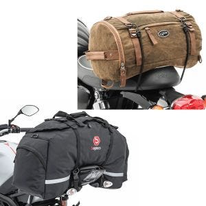 Set: Hecktasche Motorrad SX80 Soziustasche sw 70Ltr Bagtecs mit Hecktasche Vintage 25L Canvas Rucksack Gepäckrolle braun