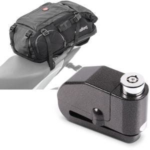 Set: Sac à dos moto HX5 imperméable 45Ltr avec porte-casque Bagtecs avec Antivol bloque disque Alarme 120dB noir