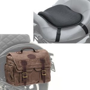 Set: Motorrad Satteltasche Canvas mit Innentasche CV1 braun Craftride mit Gel Sitzkissen L Komfortkissen univ. sw