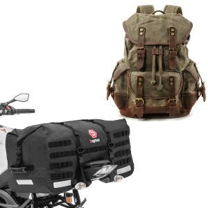 Set: Motorrad Hecktasche SX70 70Ltr wd. sw Bagtecs mit Rucksack Canvas RG8 Vintage Motorradtasche 20Ltr Retro grün