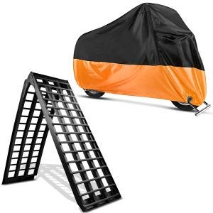 Set: Alu Auffahrrampe V sw, bis 680 kg, klappbar, passend für Motorrad ConStands mit Abdeckplane XXL Abdeckhaube sw-orange