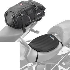 Set: Motorrad Rucksack HX5 wasserdicht 45Ltr mit Helmhalterung Bagtecs mit Gel Sitzkissen Neopren L sw