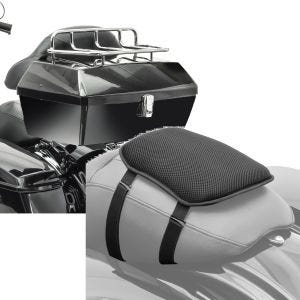 Set: Motorrad Topcase mit Gepäckgrill Missouri 43Ltr passend für Chopper abschließbar sw Craftride mit Gel Sitzkissen S univ. sw