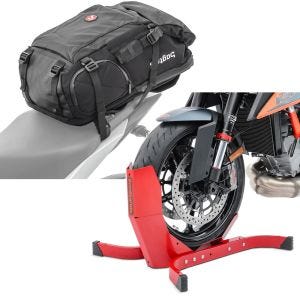 Set: Motorrad Rucksack HX5 wasserdicht 45Ltr mit Helmhalterung Bagtecs mit Motorradwippe Easy-Plus bis 21 Zoll rot