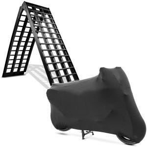 Set: Alu Rampe V sw, bis 680 kg, klap, passend für Motorrad ConStands mit Motorradabdeckung Indoor XL-XXL Stretch Garage sw