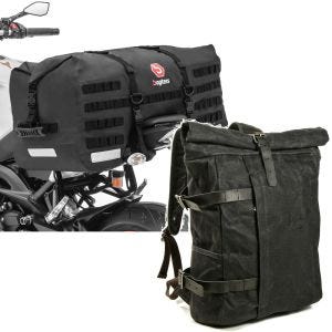 Set: Motorrad Hecktasche SX70 70Ltr wasserdicht sw Bagtecs mit Rucksack Canvas VR2 Vintage Motorradtasche 20Ltr Retro sw