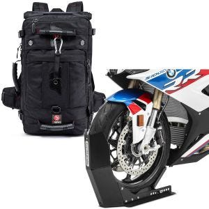 Set: Motorrad Rucksack HK4 Hecktasche 45Ltr in sw Bagtecs mit Transportständer Easy-Fix bis 21 Zoll sw-matt