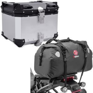 Set: Motorrad Alu Topcase XB45 Alu univ. 45 Liter silber Bagtecs mit Hecktasche Drybag XF60 Wasserdicht Volumen 60l