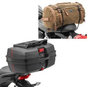 Set: Motorrad Topcase DK45 univ. 45L mit Gepäckgrill Bagtecs mit Hecktasche Vintage 25L braun