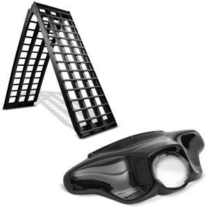 Set: Rampe de Chargement ConStands V noir en Aluminium, max. 680 kg pliable, pour Moto, Scooter, Quad, ATV + Carenage Batwing compatible avec Harley Davidson Touring 96-13 Craftride en noir
