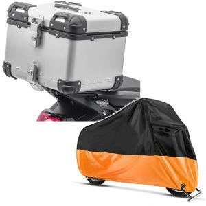 Set: Motorrad Alu Top Case XS45 Alu univ. 45 Liter silber Bagtecs mit Motorrad Abdeckplane XXL Abdeckhaube sw-orange