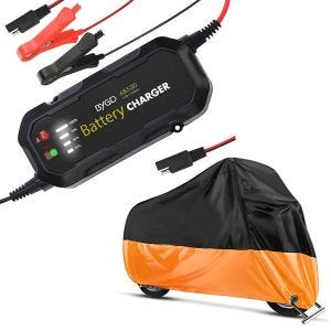 Set: Chargeur de batterie de moto BC2 12V / 1.500mA Lumitecs avec Housse Moto XXL Bache Moto imp. noir-orange