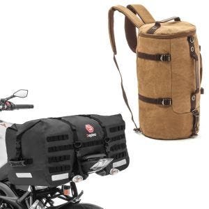 Set: Motorrad Hecktasche SX70 70Ltr wasserdicht sw Bagtecs mit Motorrad Rucksack Canvas VG8 Vintage 35Ltr braun