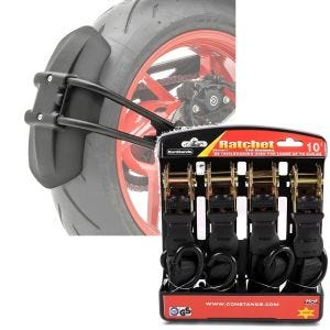 Set: Garde boue arrière moto / Lèche Roue Univ. LW4 noir Zaddox avec Moto Sangle incl 4x boucles de chargement noir