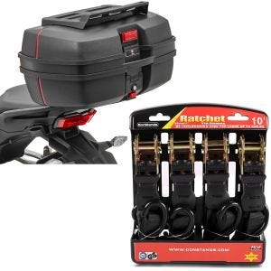 Set: Motorrad Topcase DK45 univ. 45 Liter mit Gepäckgrill Bagtecs mit Spanngurt Set sw