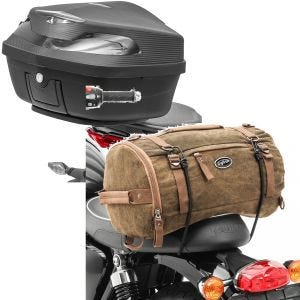 Set: Motorrad Topcase XK48 univ. 48 Liter sw Bagtecs mit Hecktasche Vintage 25L Canvas Rucksack Gepäckrolle braun