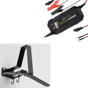 Set: Motorrad Garderobe WH2 Wandhalterung Helmhalter sw XGP mit Motorrad Batterie Ladegerät BC2 Vollautomatisch 1.500mA