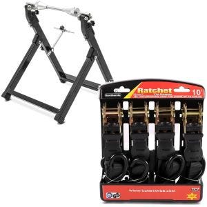 Set: Équilibreuse pneu moto WU-2 équilibreuse de roues noir ConStands avec Sangle incl 4x boucles de chargement noir