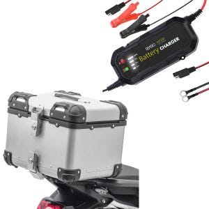 Set: Motorrad Alu Top Case XS45 Alu univ. 45 Liter silber Bagtecs mit Batterie Ladegerät BC2 Vollautomatisch 1.500mA